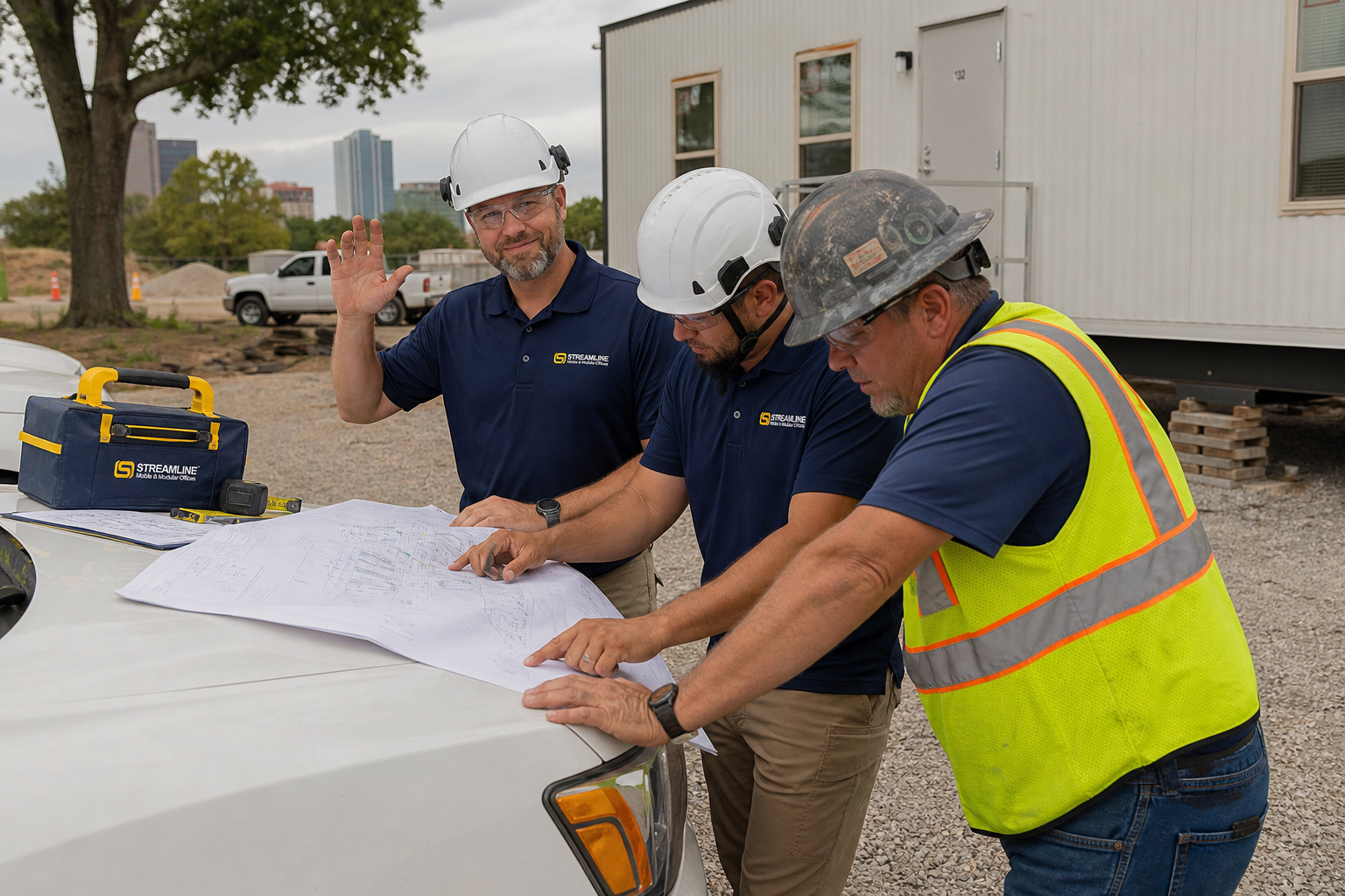 Streamline representatives reviewing a mobile office site plan in Little Rock
