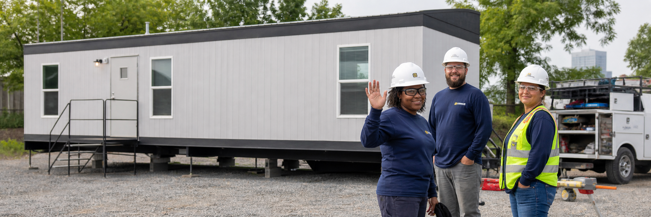 Streamline field team beside a mobile office in Little Rock, Arkansas