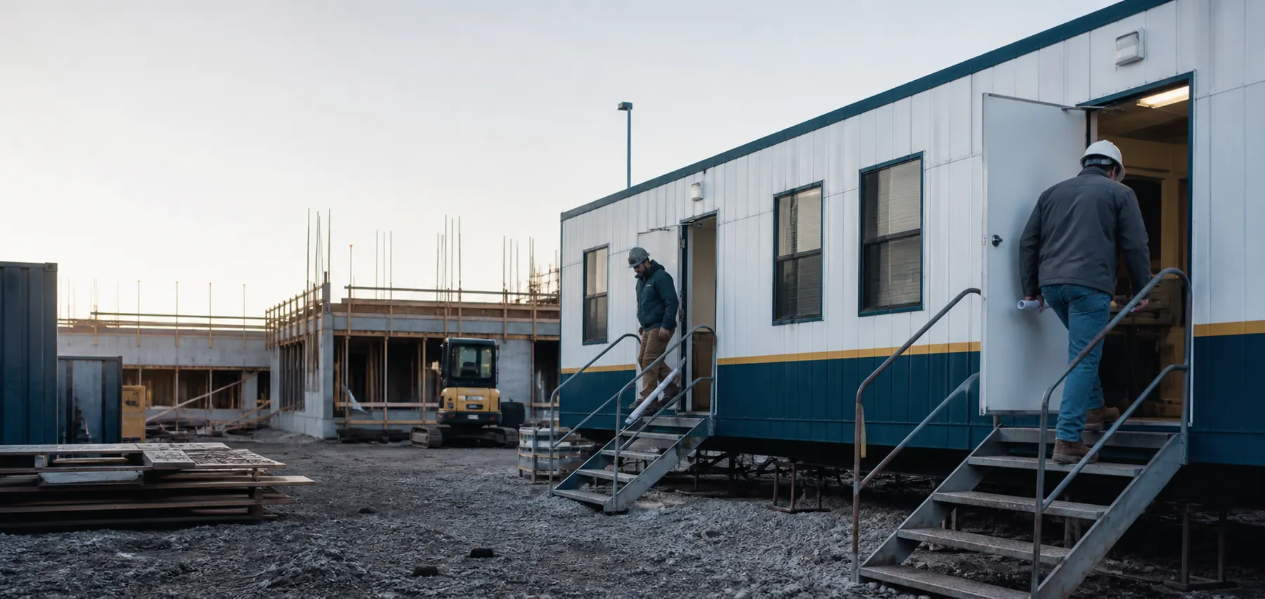 Construction team working from a mobile office trailer